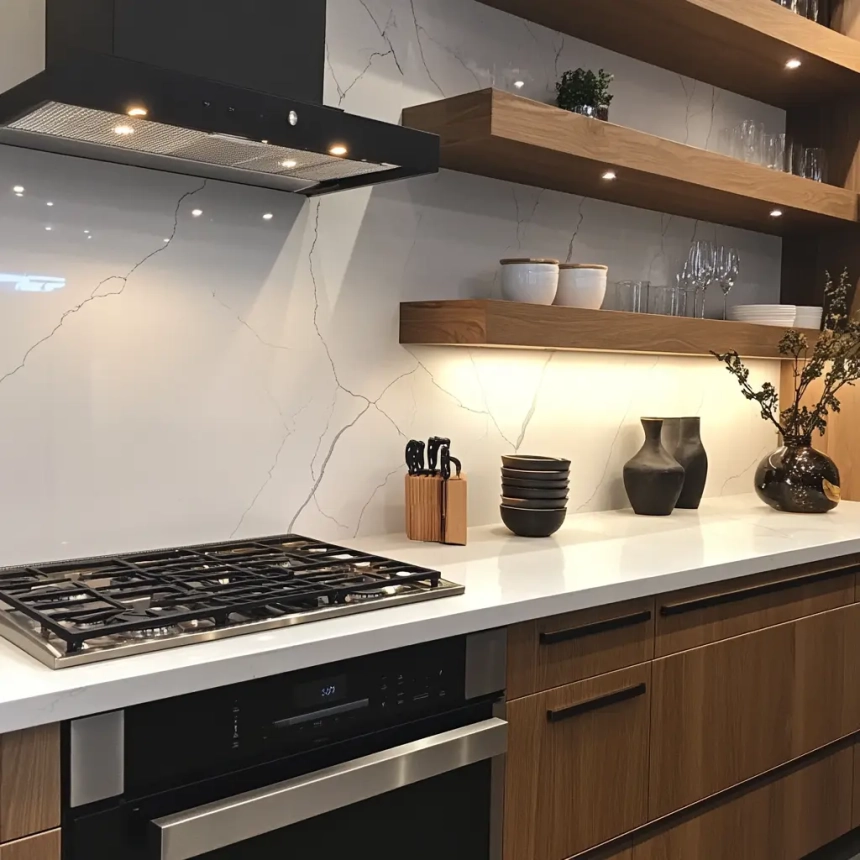 A warm kitchen space with light wood open shelving and a white quartz backsplash featuring subtle gray veining. The shelves are decorated with white dishware and dark decorative accents, blending modern and rustic aesthetics.
