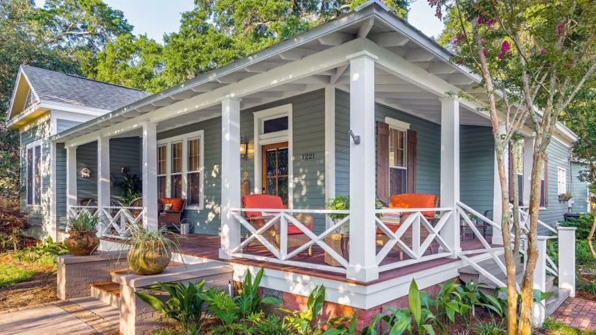 Classic front porch deck idea with white railings, wood decking, and cozy seating on a ranch-style home.