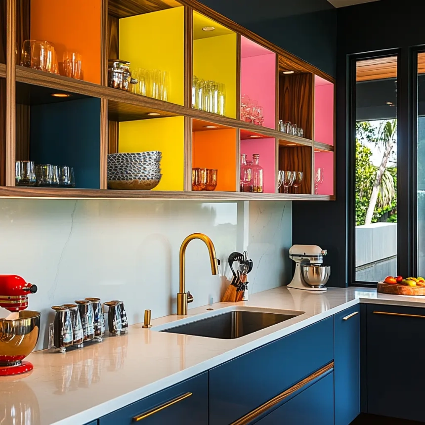 Modern kitchen shelves with colorful interiors, offering a bold and creative design styling for storage.