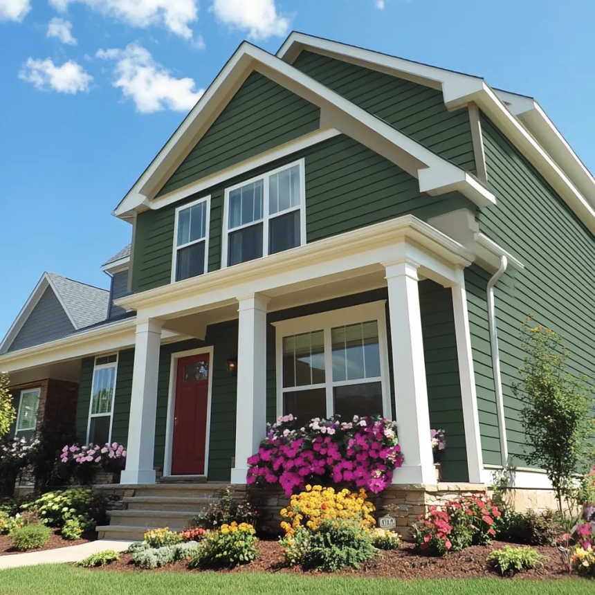 A house with Hardie board siding, featuring green exterior panels and a well-maintained front garden with colorful flowers, showcasing a clean, modern look.
