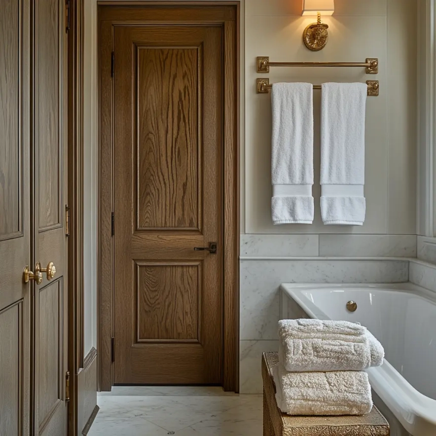 Towel rack mounted above the doors in a small master bathroom, optimizing vertical storage.