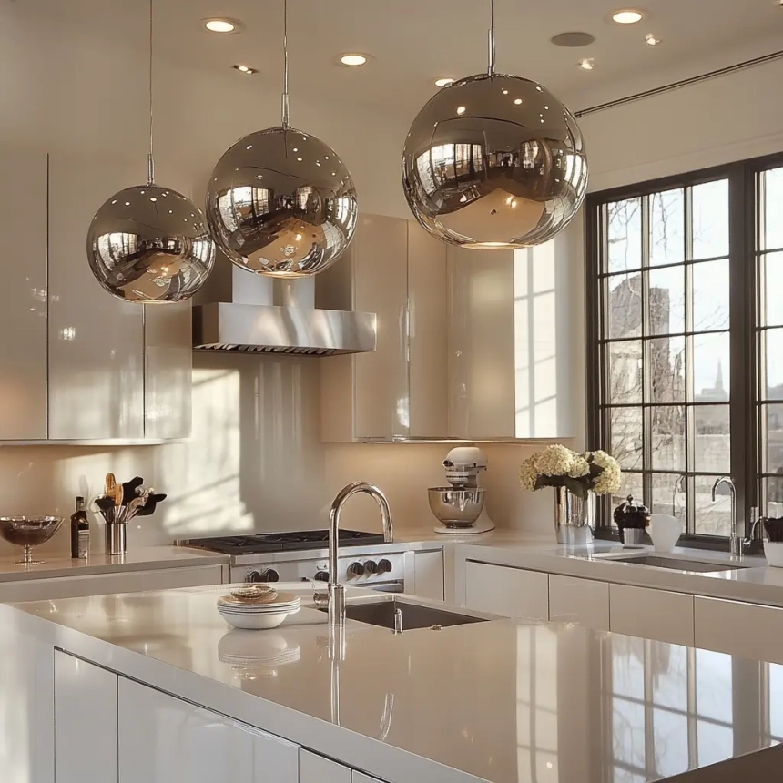 Contemporary kitchen island lighting with chrome pendant fixtures for a polished and modern look.