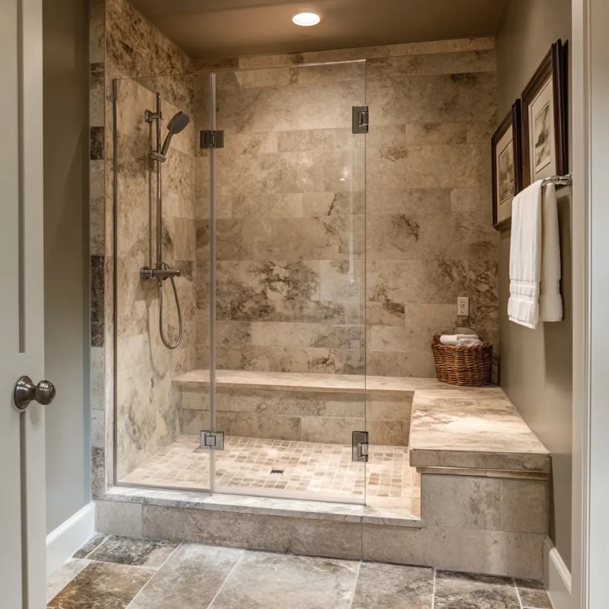 A small master bathroom featuring a frameless glass shower enclosure with beige stone tiles and a built-in shower bench for added comfort and functionality.