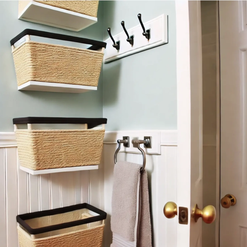 A small bathroom featuring hanging storage solutions, such as hooks and baskets, mounted on the walls and behind the door. These storage options keep towels and toiletries organized without using floor space, perfect for small bathroom storage ideas.