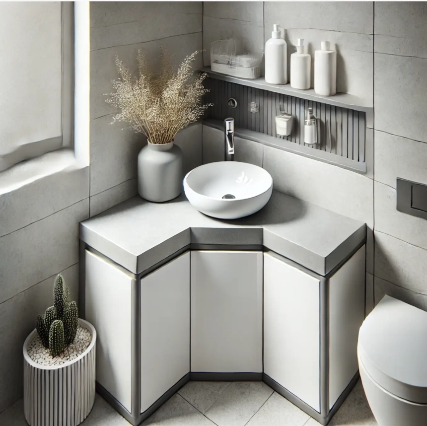 A corner sink in a compact bathroom, designed to save space with a clean, modern look in grey and white tones. Perfect for maximizing functionality in small bathroom layouts
