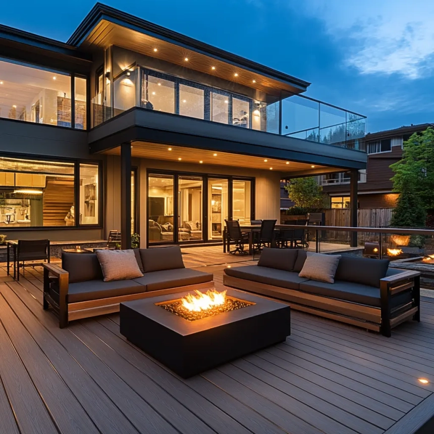 A modern composite deck built by expert Naperville deck builders, featuring sleek railings, durable decking material, and ambient lighting for a stylish outdoor space.