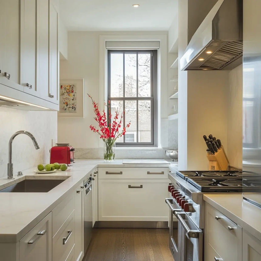 Small kitchen featuring sleek white cabinets with integrated storage solutions for a modern and functional design.