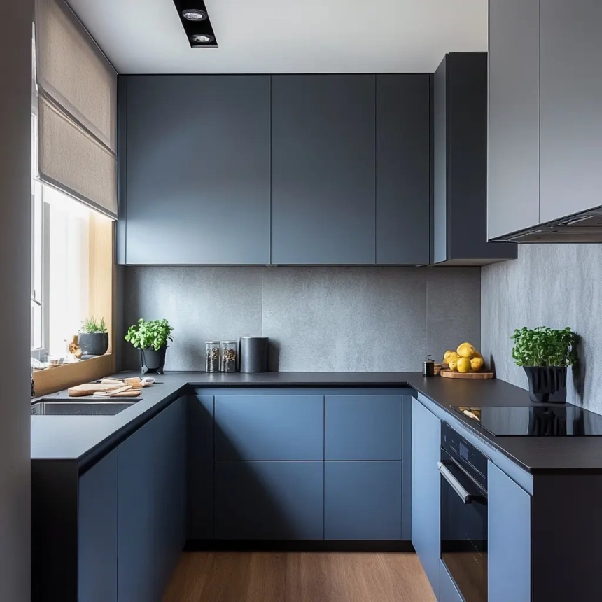 Minimalist small kitchen with matte-finished cabinets in a muted blue tone, offering a sophisticated and clean look.