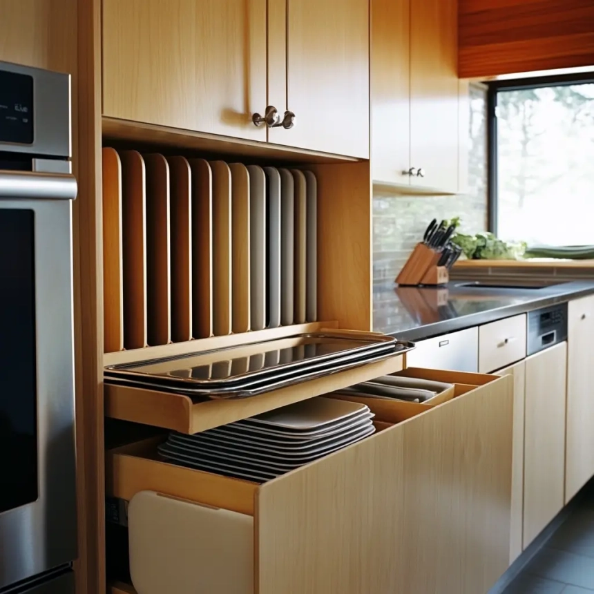 Vertical storage kitchen cabinets providing smart organization solutions, perfect for small kitchens with modern cabinetry design.