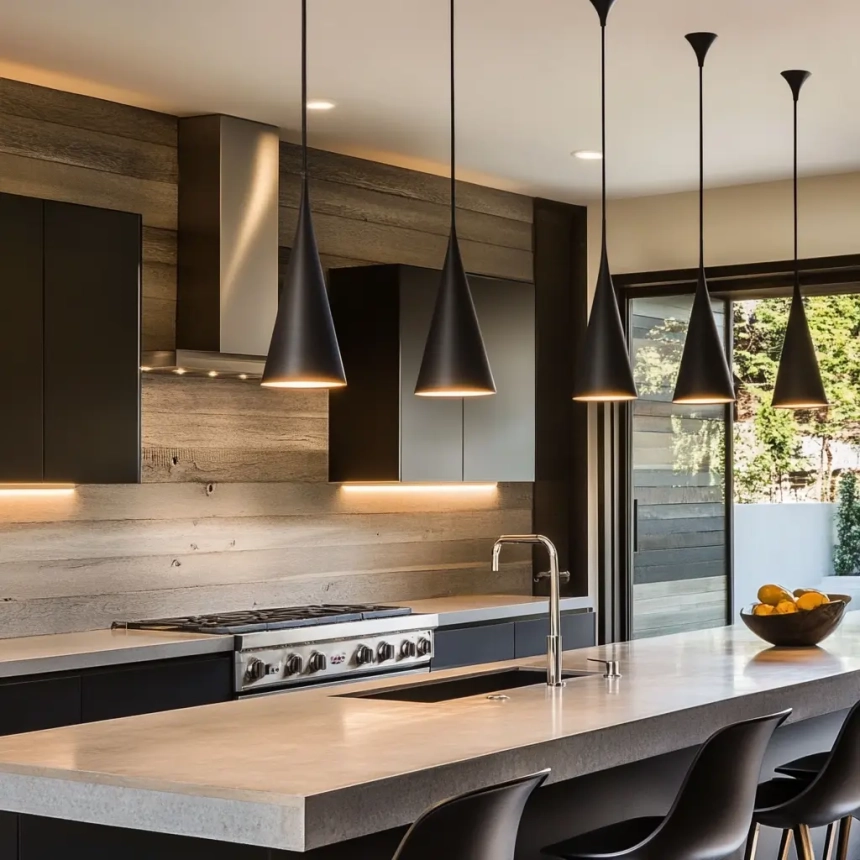 Modern kitchen island lamps with sleek cone-shaped pendant lights for a minimalist and stylish look.