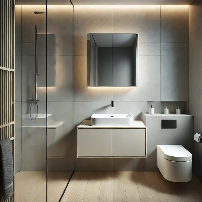 A small bathroom featuring a floating vanity with minimalist fixtures, designed to keep the floor clear and create an open, spacious look.