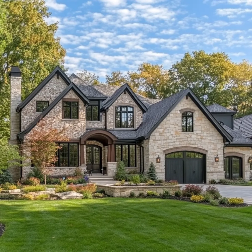 Beautiful stone home with a high-quality roof installation by trusted roofing contractors in Aurora, IL.