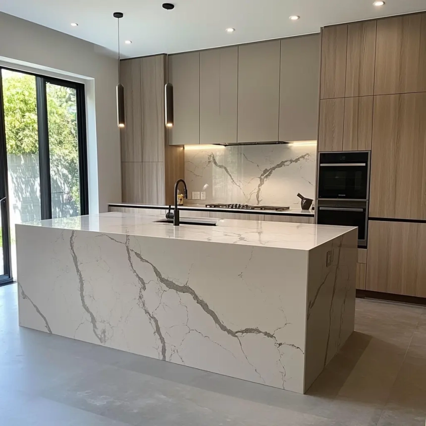 A spacious kitchen with floor-to-ceiling windows, featuring a waterfall island with white quartz and prominent gray veining. The matching quartz backsplash and light wood cabinetry create a warm, cohesive design.
