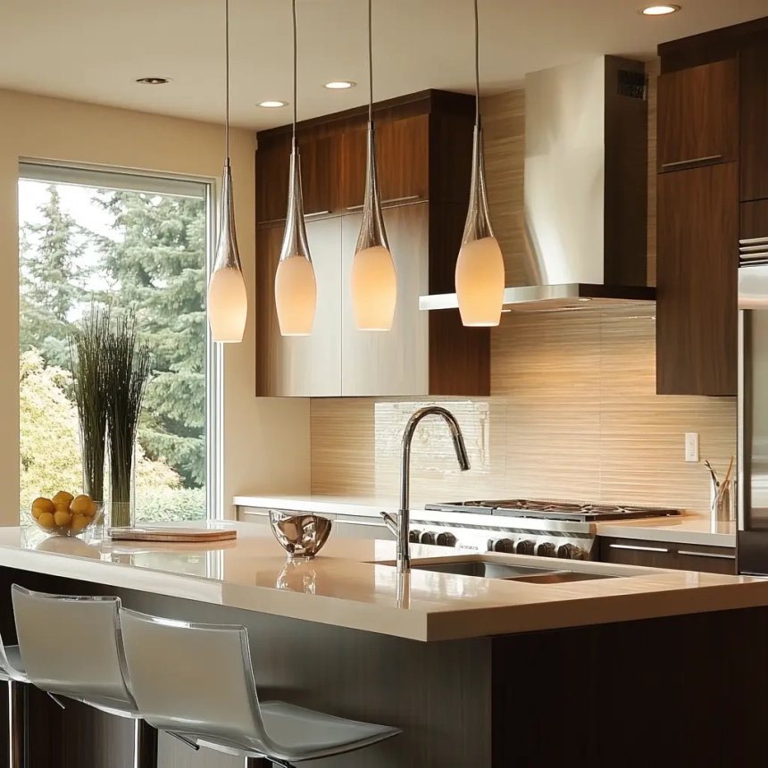 Frosted glass modern kitchen island lamps offering soft, ambient lighting for a cozy and elegant kitchen atmosphere.