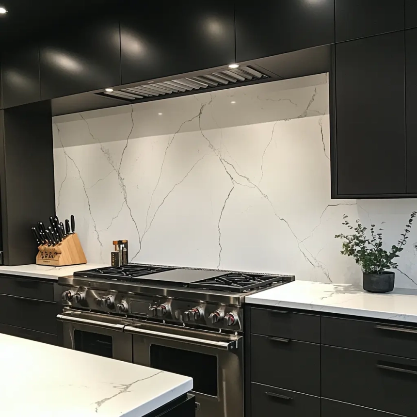 Matte quartz backsplash paired with matching countertops in a minimalist kitchen, creating a smooth, non-reflective surface that enhances the modern aesthetic.