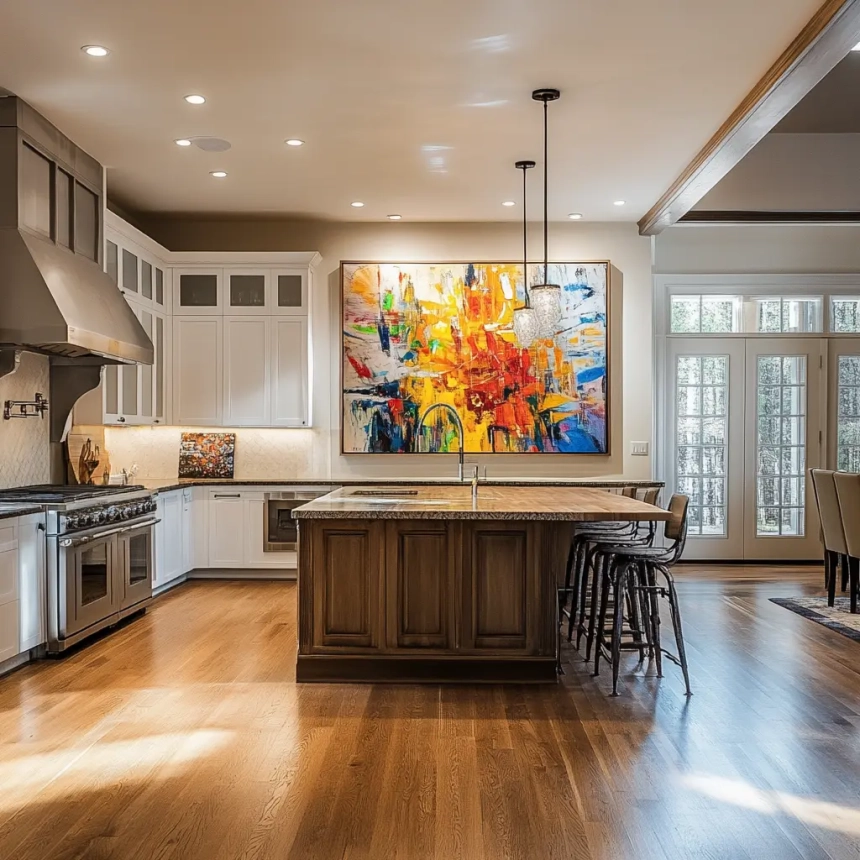 Spotlights highlighting kitchen decor, creating a focal point and enhancing the contemporary kitchen aesthetic.