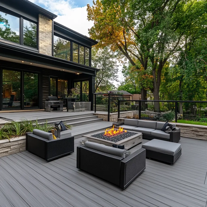 A luxurious composite deck with a built-in fire pit, modern outdoor seating, and sleek glass railings. The setting is surrounded by lush greenery, creating a cozy yet upscale outdoor living space.