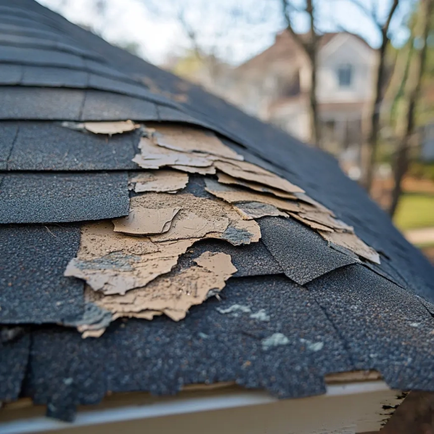 Close-up of damaged shingles on a roof, highlighting the need for roof repair free estimates to restore protection.