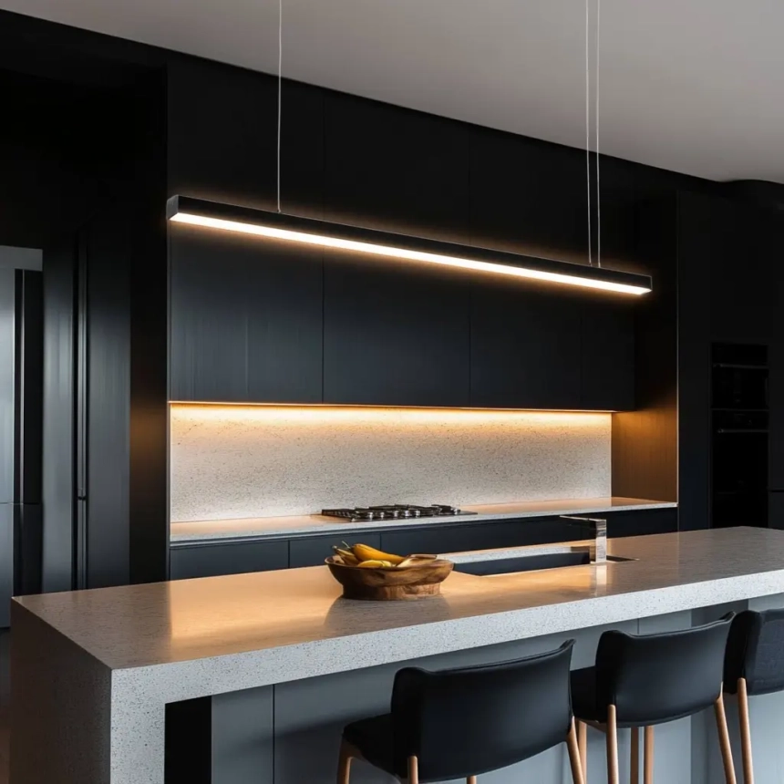 Modern kitchen island light fixtures with linear LED pendants for efficient and stylish kitchen illumination.
