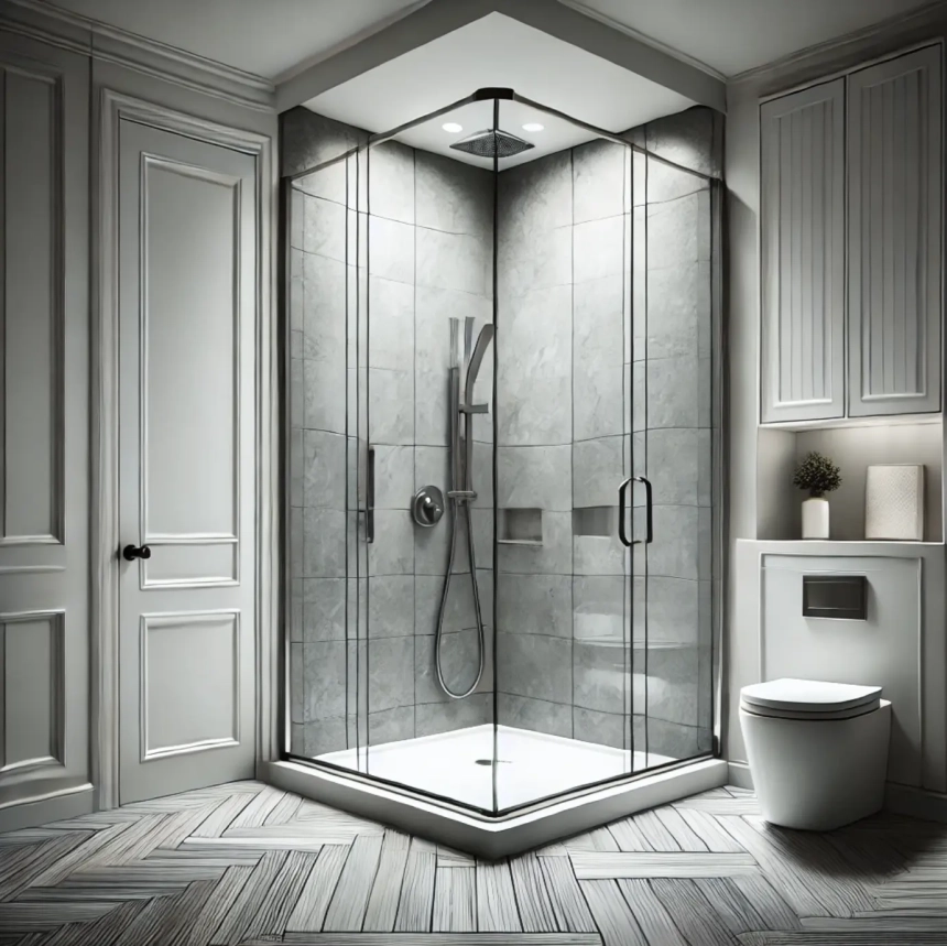 A small bathroom featuring a corner shower with glass doors, designed to save space and create a modern, compact look. Ideal for narrow bathroom ideas.