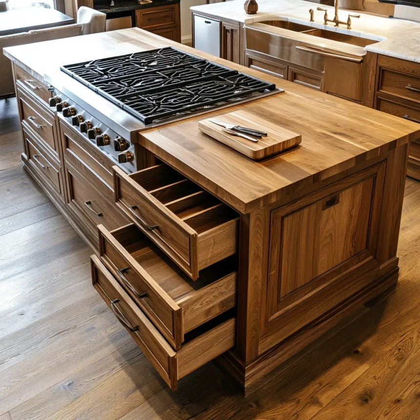 Wooden kitchen island with pull-out drawers and integrated storage, complementing modern kitchen cabinet ideas and boosting functionality.