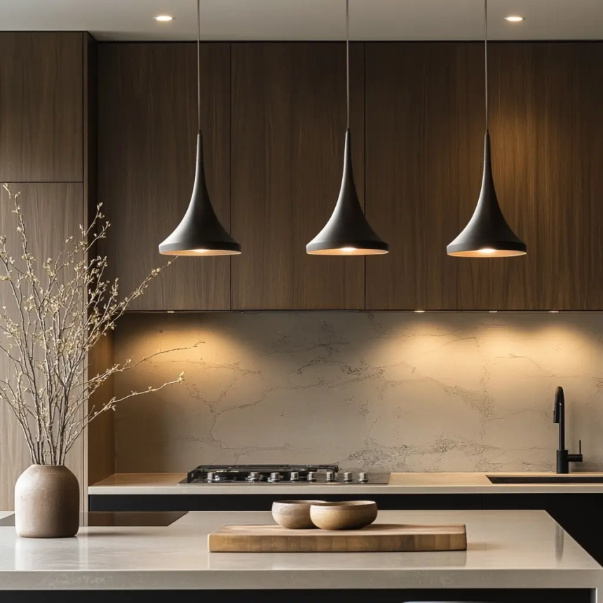 Contemporary kitchen island lighting featuring clustered pendant lights for a unique and modern aesthetic.