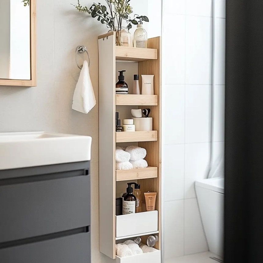 Vertical shelving in a narrow bathroom offers smart storage solutions, keeping essentials organized while maintaining a sleek, minimalistic design.