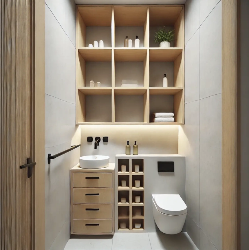 A small bathroom featuring built-in shelves between wall studs, providing extra storage without using floor space. The minimalist design enhances functionality, perfect for small bathroom DIY remodel ideas.