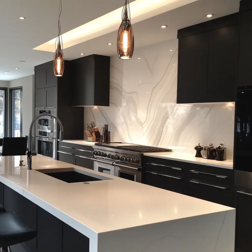 Modern kitchen with quartz backsplash extending to the ceiling, paired with sleek black cabinetry and white countertops, creating an impactful and bold design statement.