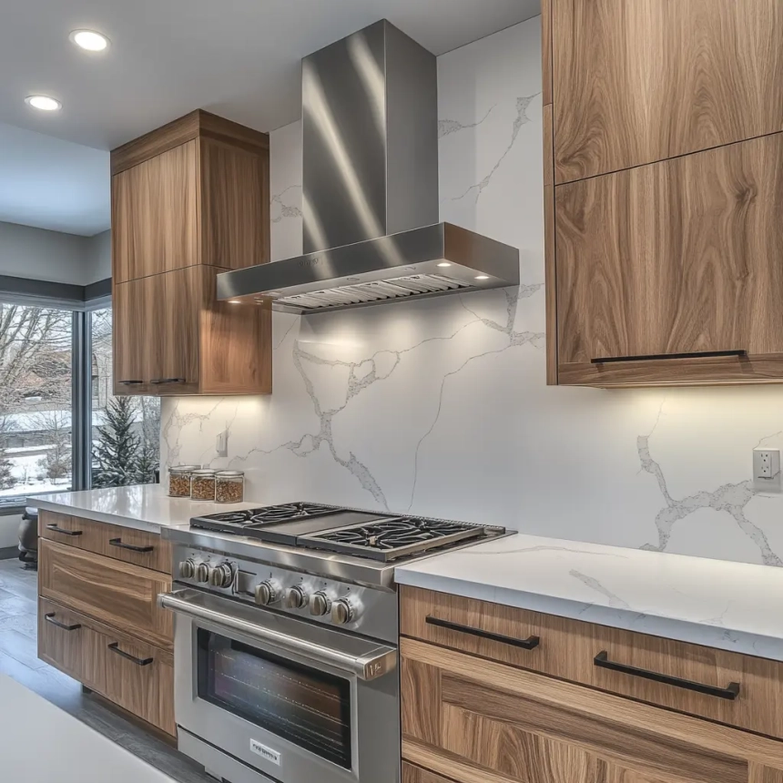 Contemporary kitchen with light wood cabinets and a full-height quartz backsplash featuring prominent veining, centered around a stainless steel range hood for a modern look.