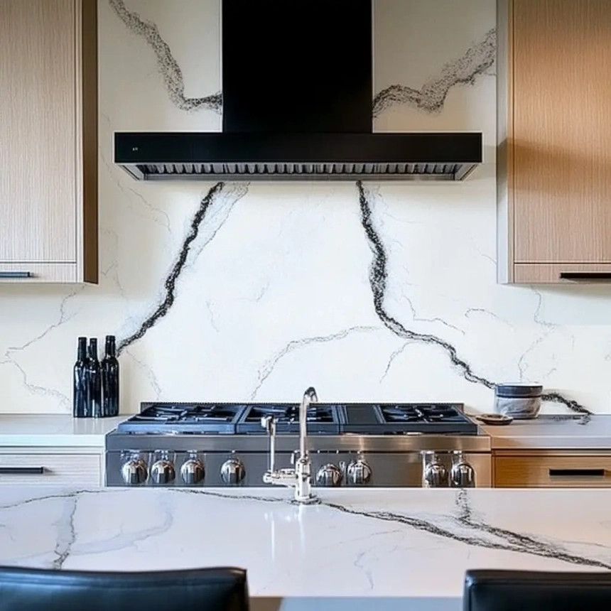 Quartz countertop with matching veins on backsplash, providing a unified design with contrasting dark cabinetry.