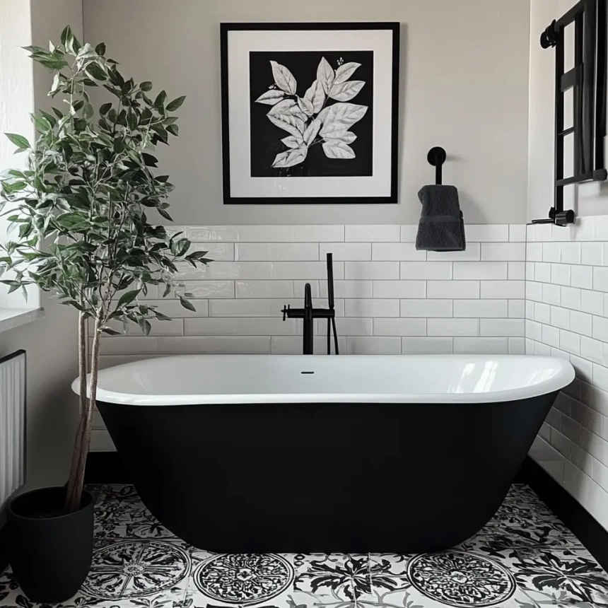 Black and white bathroom with a modern tub, featuring white subway tile backsplash, adding a sleek and minimalist touch to the space.