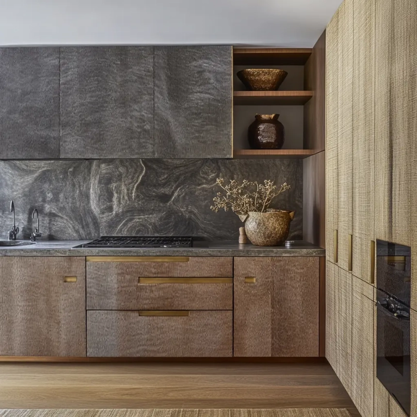 Textured wood kitchen cabinets paired with a marble backsplash for an earthy yet luxurious modern kitchen design.