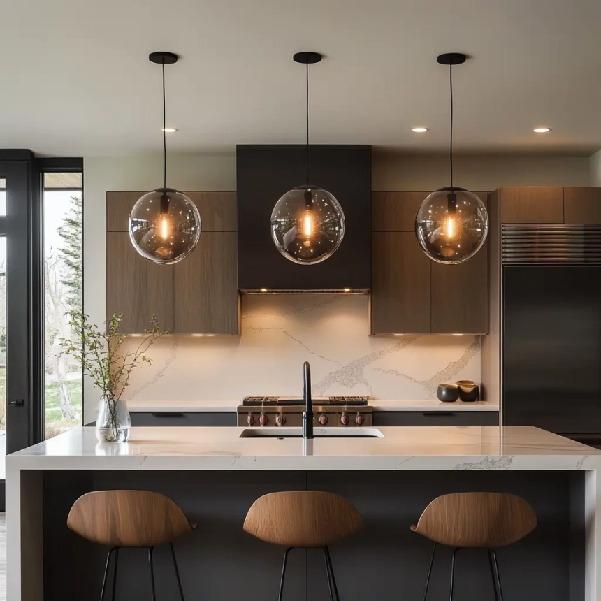 Modern kitchen island lighting with glass globe pendant lights for contemporary design and elegance.