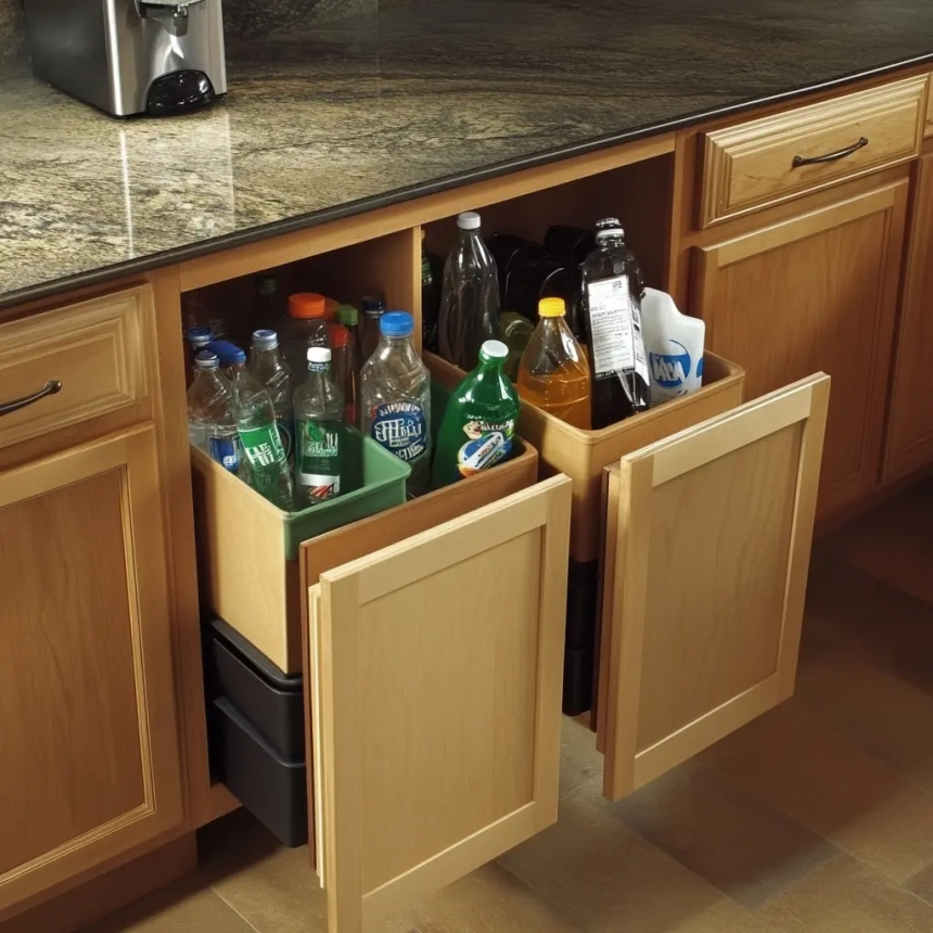 Built-in recycling bin cabinet in a modern kitchen showcasing eco-friendly and organized design ideas.