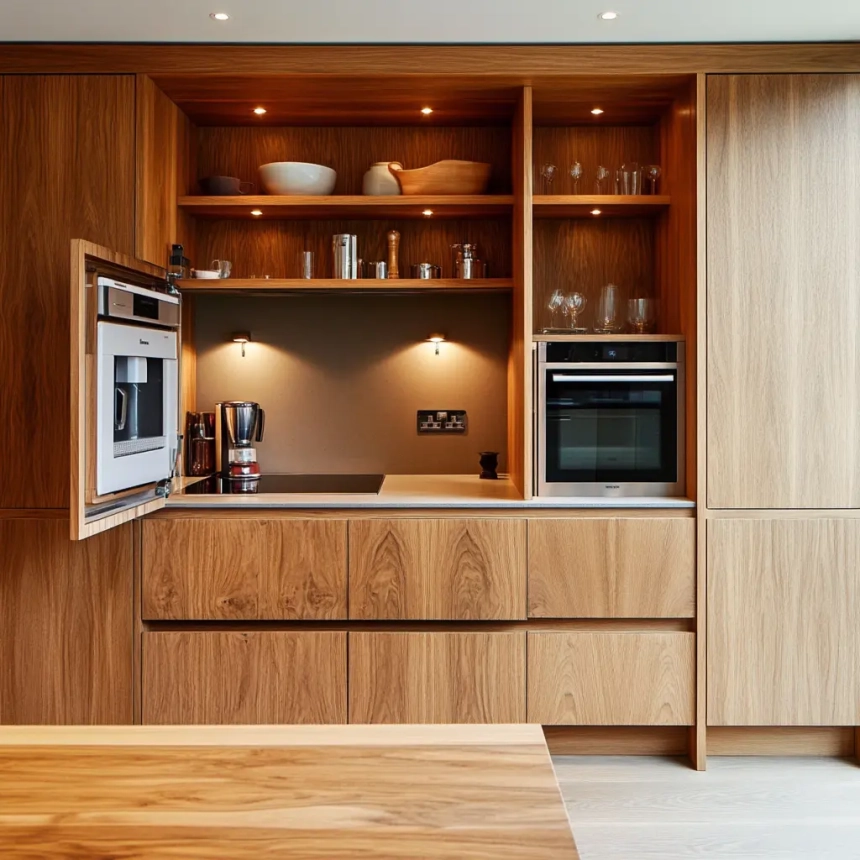 A hidden cabinet garage showcasing innovative modern kitchen cabinet ideas, blending functionality with elegant interior design.