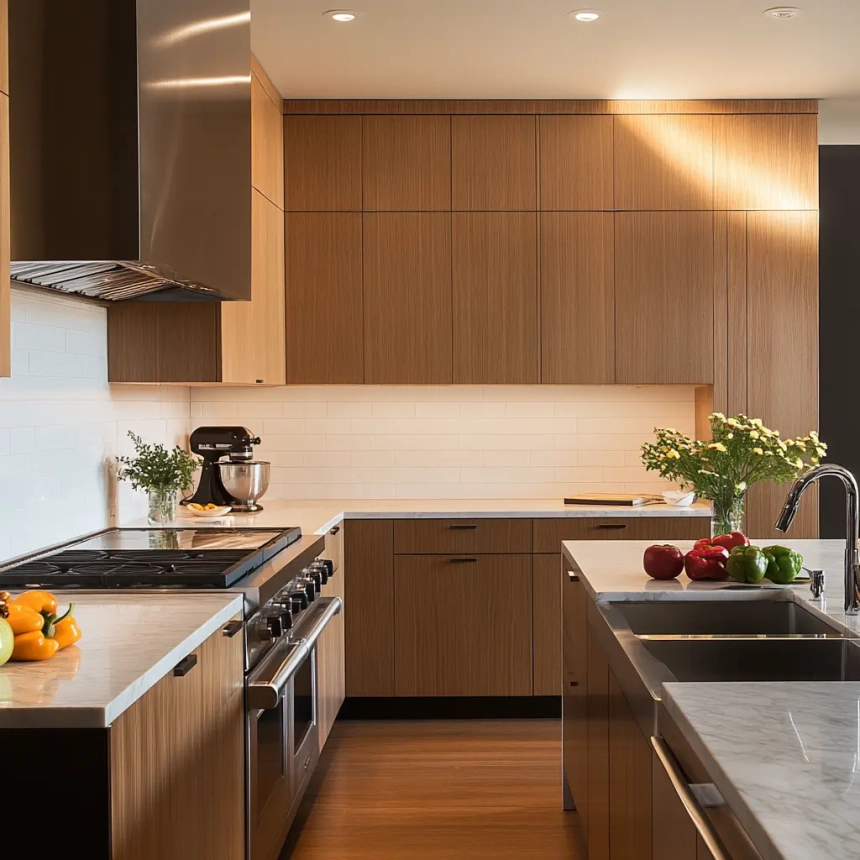 Minimalist frameless kitchen cabinets with wooden finishes, emphasizing a seamless and clean modern design.