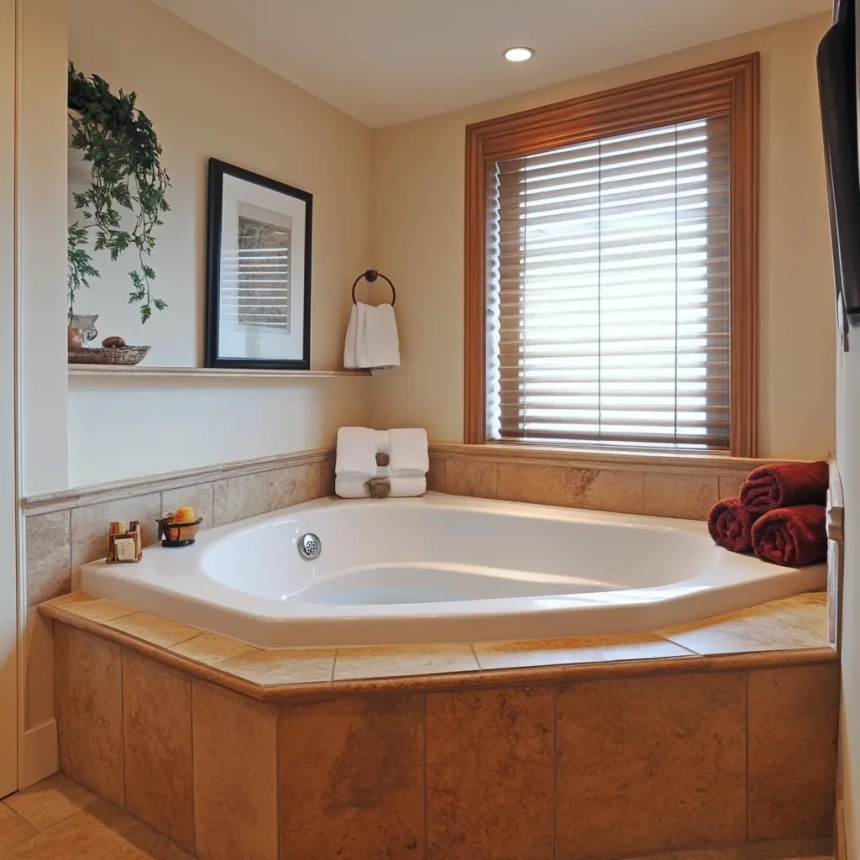 Corner bathtub installed in a small master bathroom, maximizing floor space and comfort.