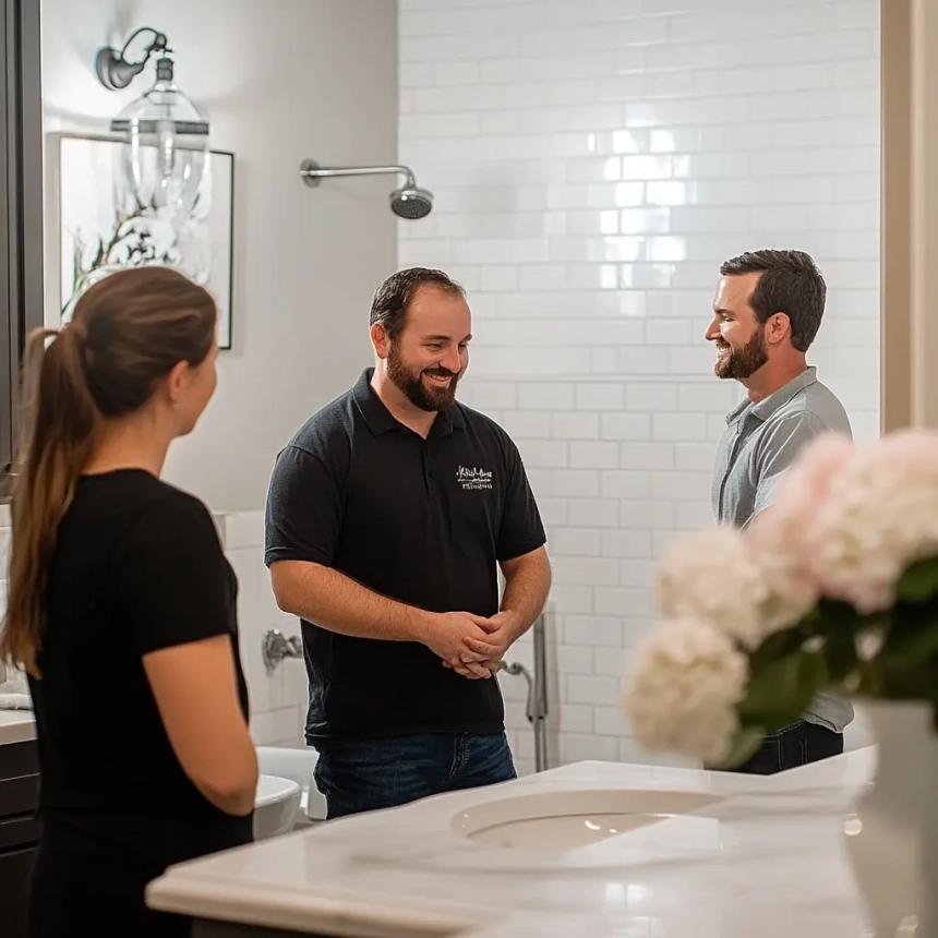 Naperville Roofing and Construction experts consulting on a bathroom remodel in Aurora, IL, ensuring quality craftsmanship and customer satisfaction.