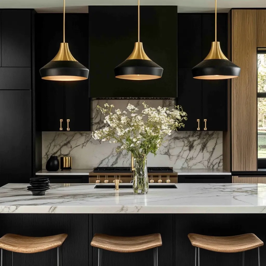 Modern island lighting with black and gold pendant fixtures, offering a sophisticated focal point for your kitchen island.