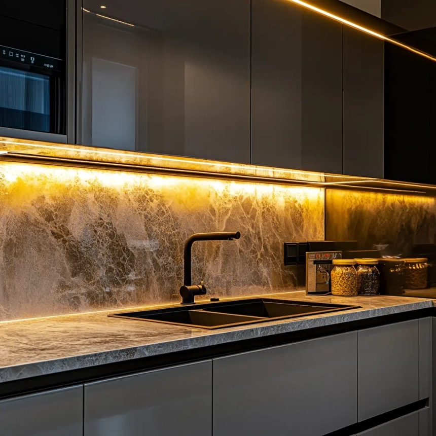 Under-cabinet lighting highlighting a stone backsplash and adding a warm glow to a sleek modern kitchen.