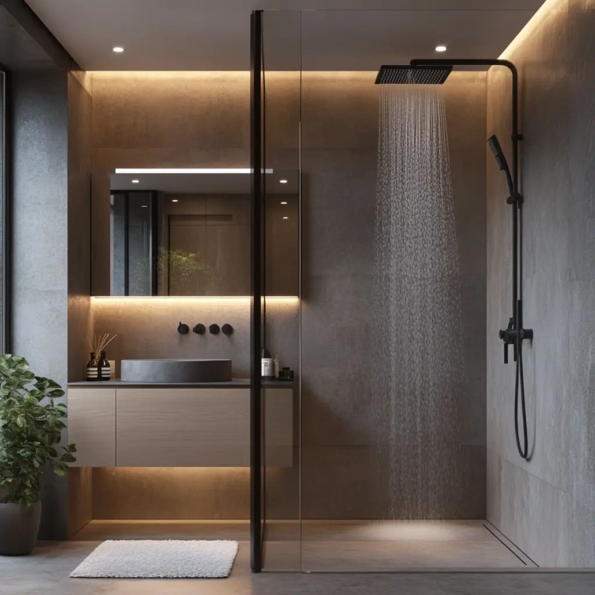 A rainfall showerhead installed in a sleek small master bathroom.