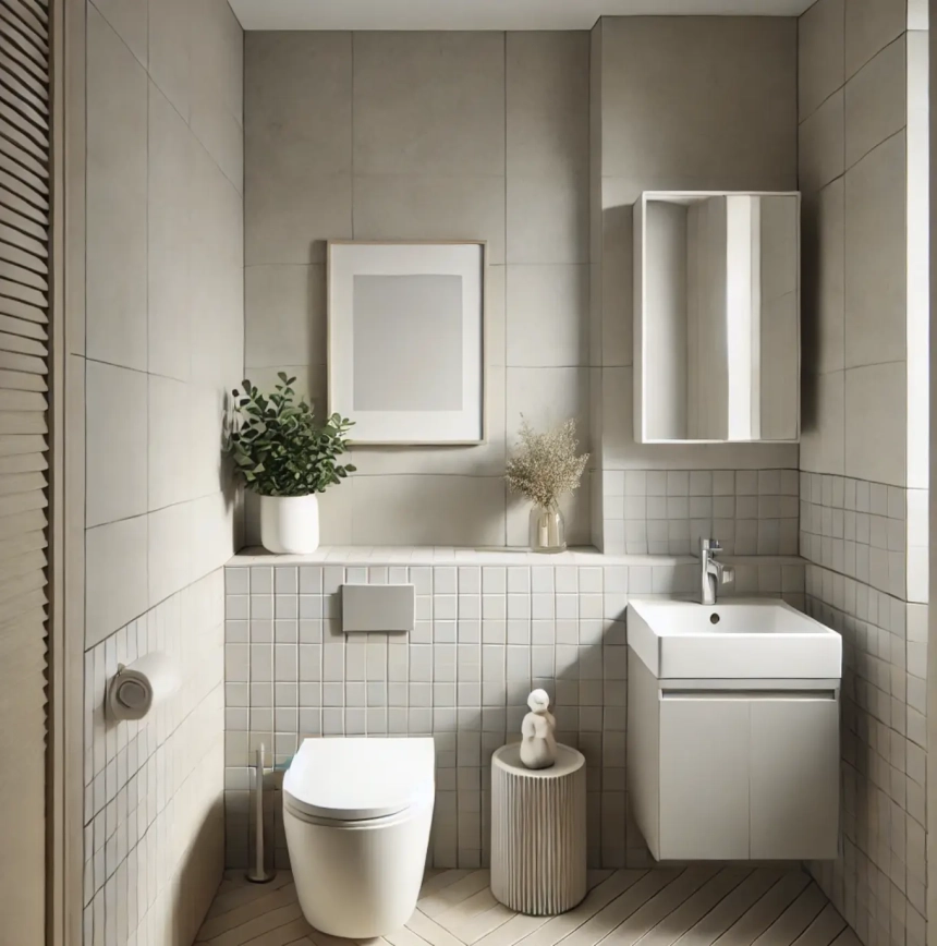 A small bathroom with neutral colors, featuring light gray tiles and white fixtures. This minimalist design enhances space and is perfect for small bathroom ideas.