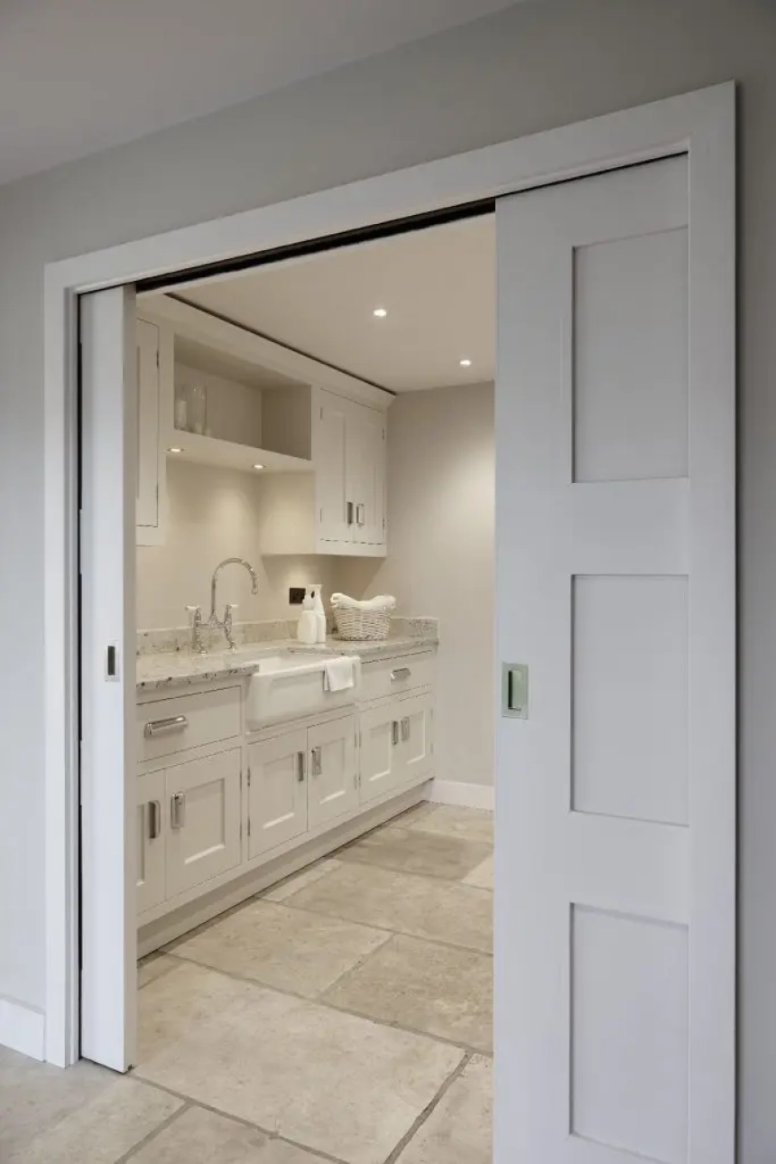 Sleek pocket doors to maximize space in a small master bathroom remodel
