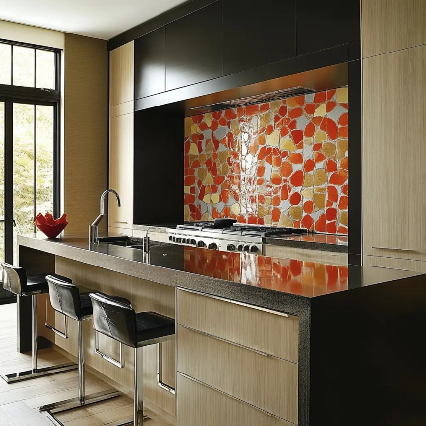 Bold modern kitchen backsplash tile design with a colorful mosaic pattern, ideal for making a statement in contemporary kitchens.