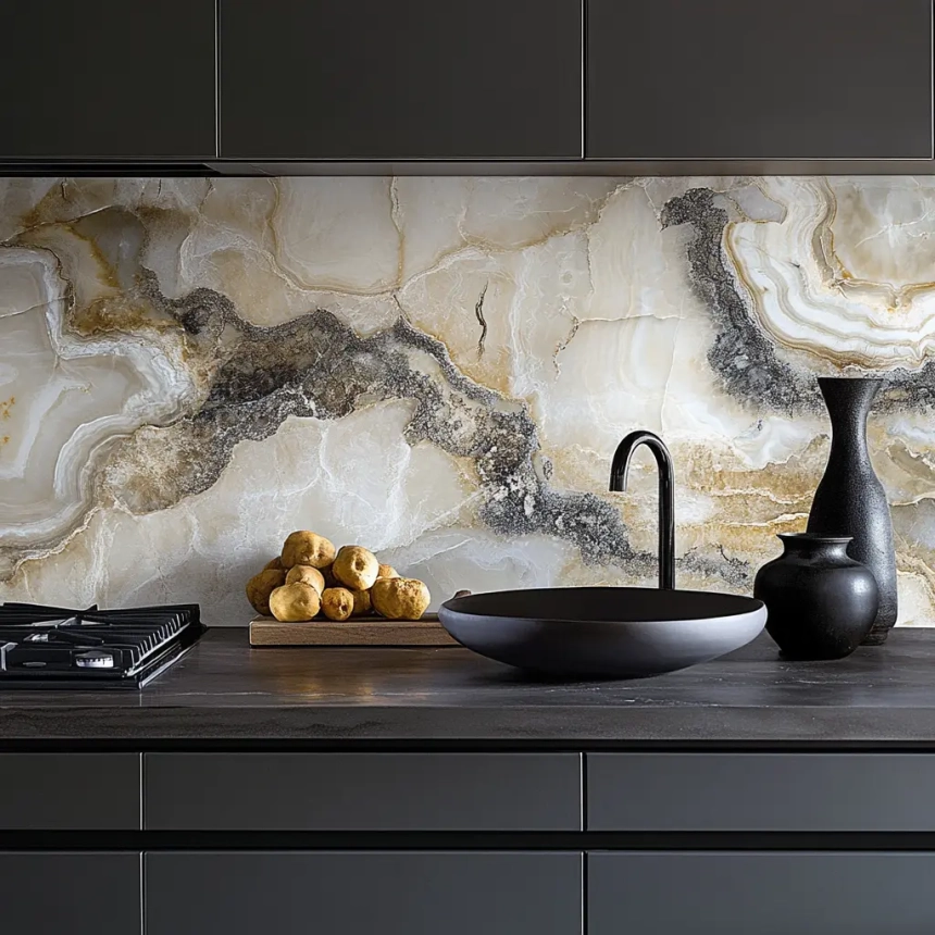 Kitchen with polished quartz backsplash that matches the countertop, providing a glossy and seamless look that complements the dark cabinetry.