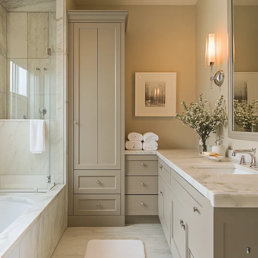 Compact vanity cabinets in a small master bathroom with smart storage solutions.