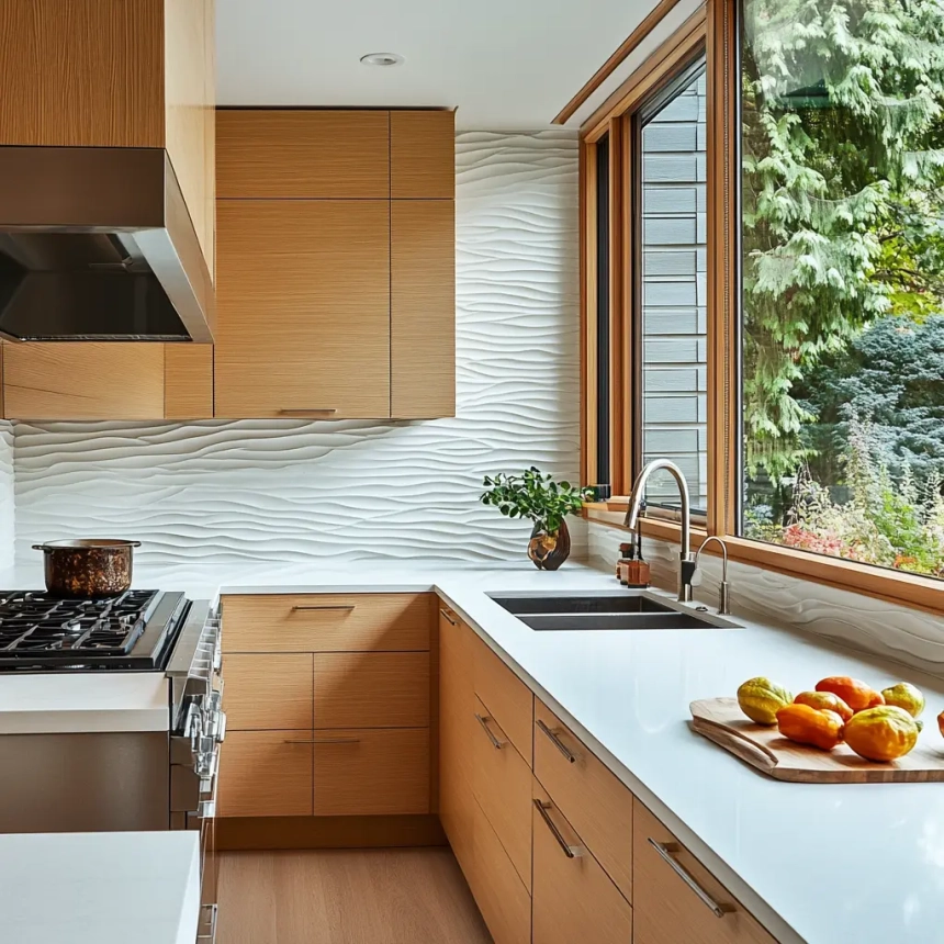 White quartz countertop with a textured tile backsplash, providing a unique finish and tactile appeal. A creative choice for backsplash ideas for quartz countertop.