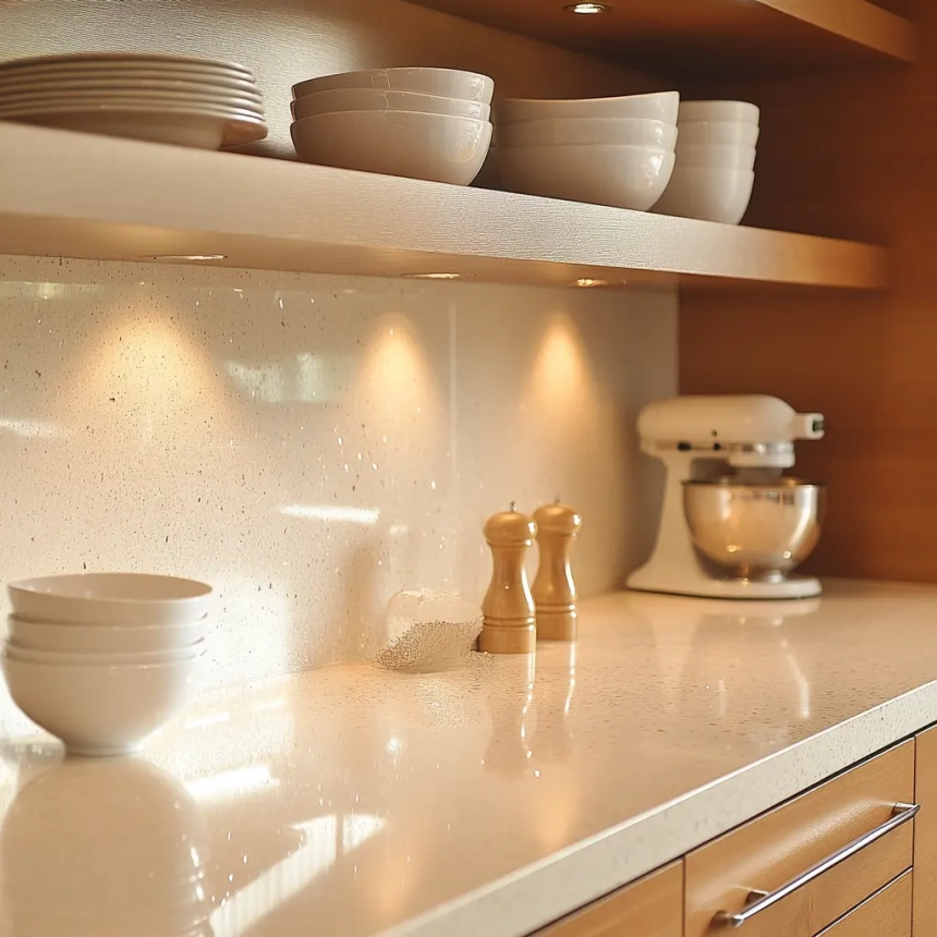 Elegant kitchen featuring a quartz backsplash with subtle sparkle, adding texture and light reflection above the counter space.