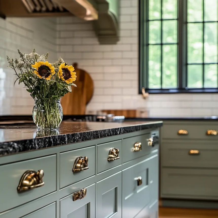 Close-up of decorative knobs on sage-green kitchen cabinets, adding a vintage-inspired charm to the space.
